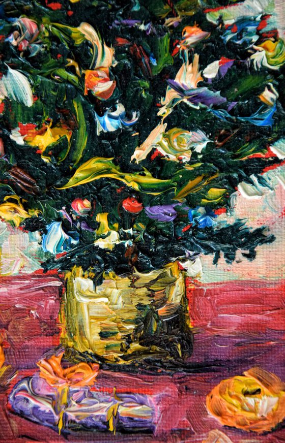 Christmas tree original oil painting on canvas, holiday decor, housewarming gift