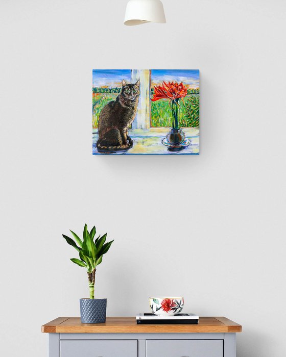 WINDOWSILL CAT WITH RED AMARYLLIS
