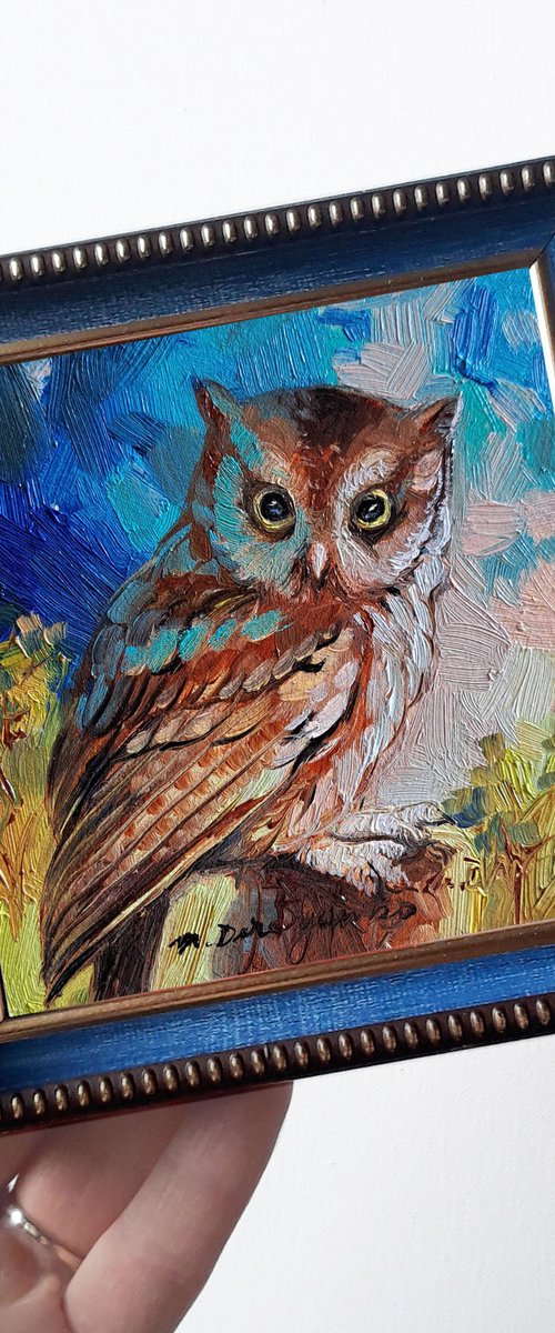 Owl bird painting original in frame 4x4 inch, Bird wall art bird celestial gift by Nataly Derevyanko
