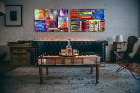 "Get It While It's Hot" - Save As A Series - Unique PMS Geometric Oil Painting Diptych On Canvas - 72" x 24"