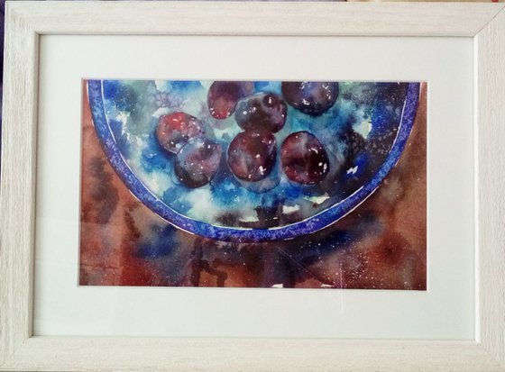 Original Watercolour Painting of Plums in Canterbury Pottery Bowl
