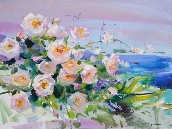 Enchanted by the light. Roses garden in Montenegro. Original plain air oil painting