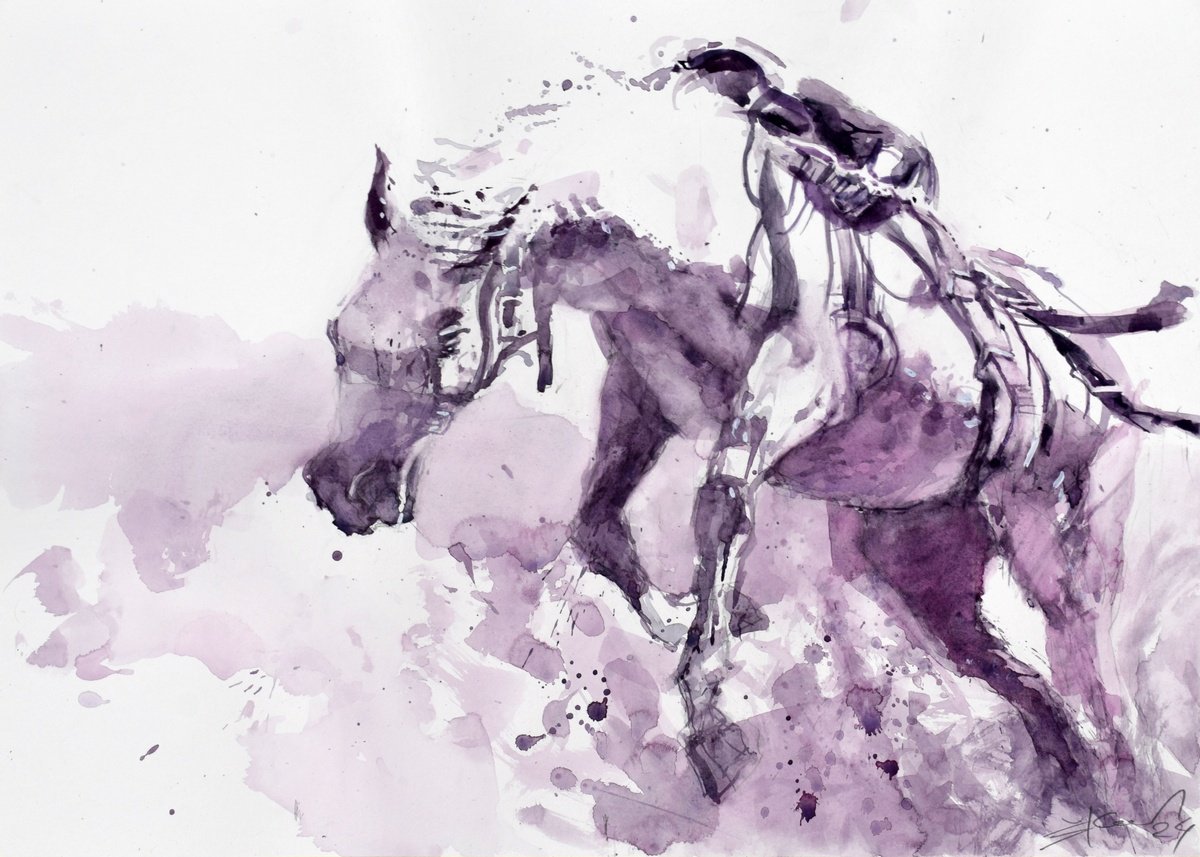 Expressive Animal Watercolour By Goran Zigolic Watercolors, 24 X 16, Horse In Jump 9, Original Artwork