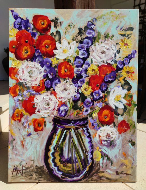 Poppies in a Deep Blue Vase