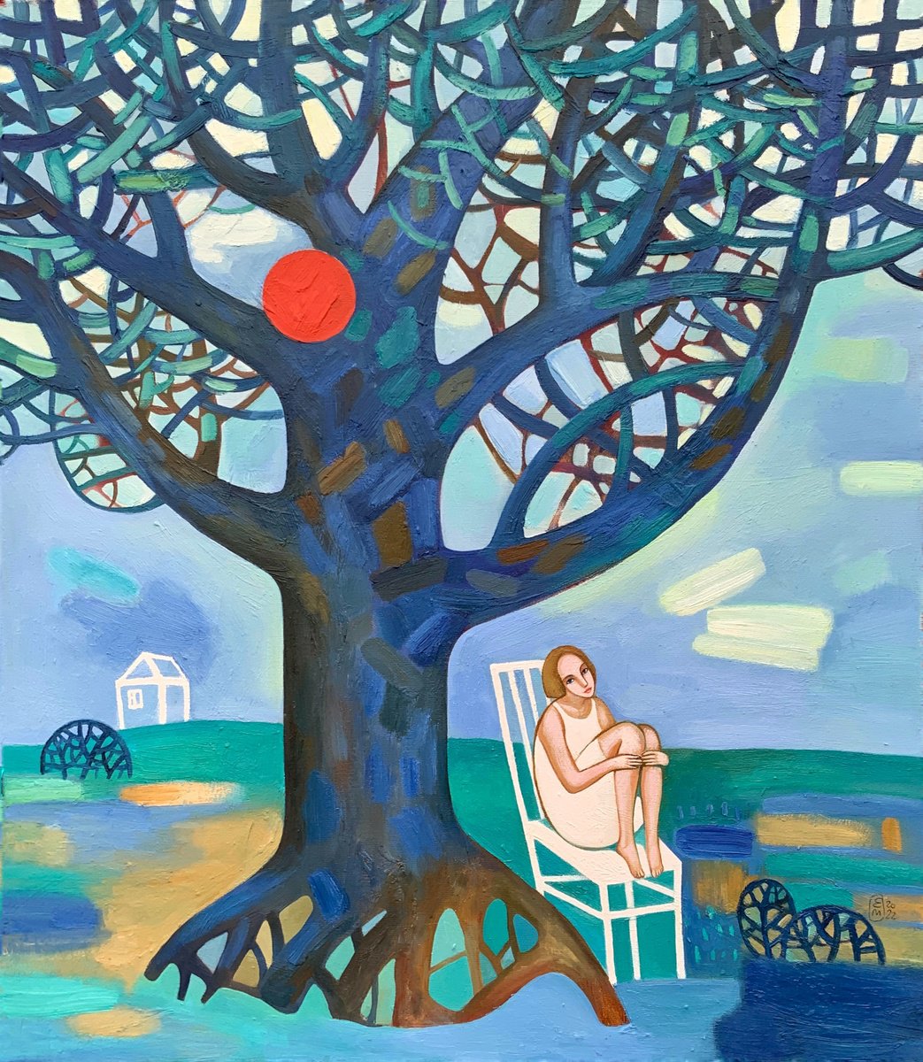 Surrealistic Landscape Oil Painting By Elena Tomilova, 28 X 31, Sun Rise, Original Artwork