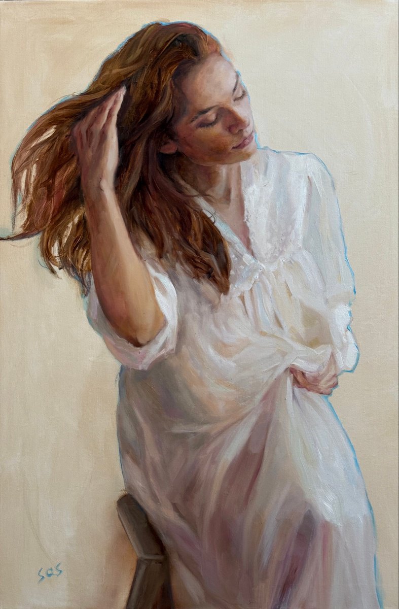 Expressive Portrait Oil Painting By Liubou Sas, 24 X 35", Quiet Morning, Original Artwork