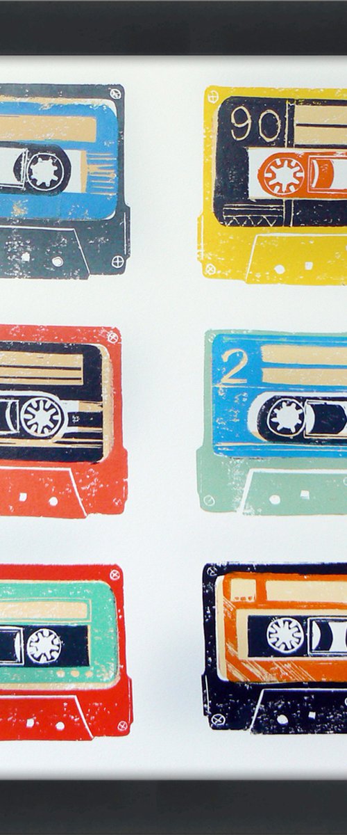 Linocut tapes #24 Framed and ready to hang (cassette tapes, retro music, 70's, 80's rock culture) by Carolynne Coulson