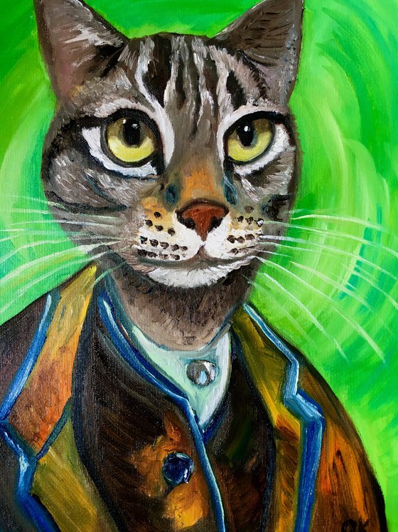 Cat Vincent Van Gogh inspired by his self-portrait on green background