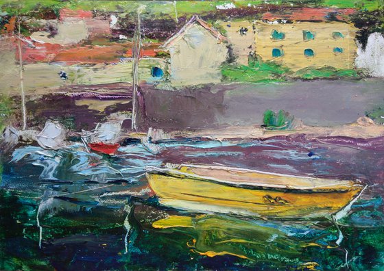 Boats in the city of Kotor . Montenegro . Original plein air oil painting .