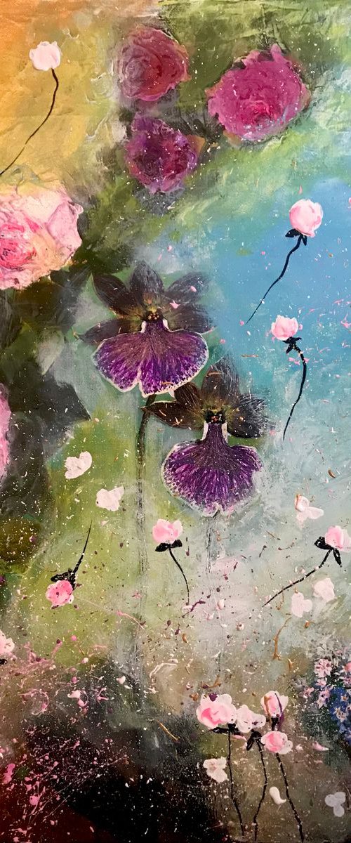"Strangely beautiful2"impressionistic floral garden orchids roses pink purple gold turquoise by Henrieta Angel