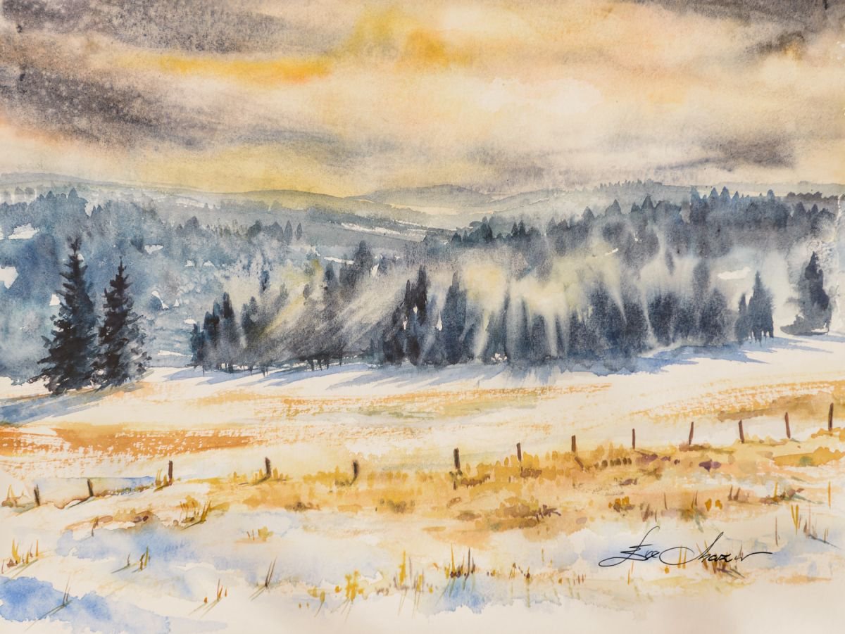 Photorealistic Landscape Watercolour By Eve Mazur, 16 X 12, Winter Landscape, Original Artwork