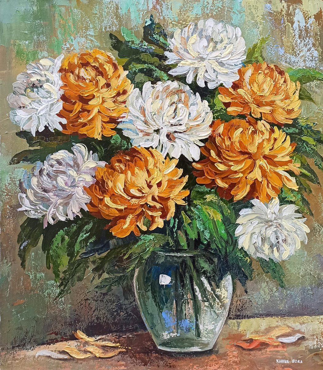 Impressionistic Botanical Oil Painting By Karine Harutyunyan, 20 X 24", Chrysanthemums In Vase, Original Artwork
