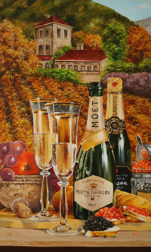 Elegant Wine Art, Champagne Bottle and Caviar by Natalia Shaykina