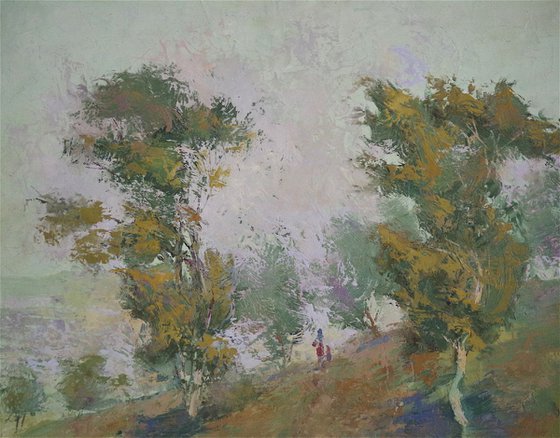 Landscape oil painting, Trees on a Hill, Impressionism, One of a kind, Signed, Handmade art.