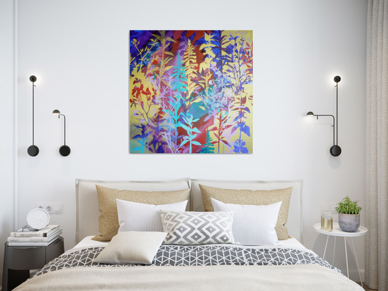 Chinoiserie  ( vibrant semi abstract flower painting with gold - ready to hang)