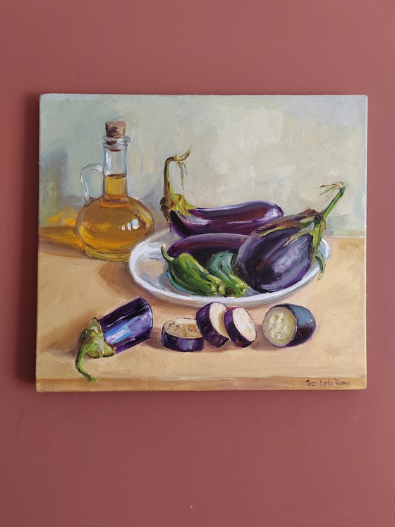 Blue Eggplant Vegetables in a Plate with olive oil still life painting