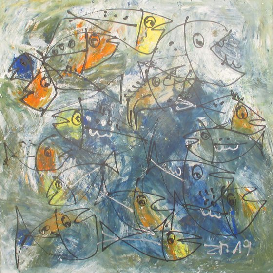 crasy blue fishes - acrylpainting 90x90cm 35,4  x 35,4 inch