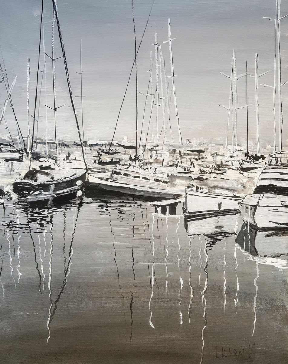 Impressionistic Landscape Acrylic Painting By Leonid Kirnus, 13 X 17", The Marina View, Original Artwork