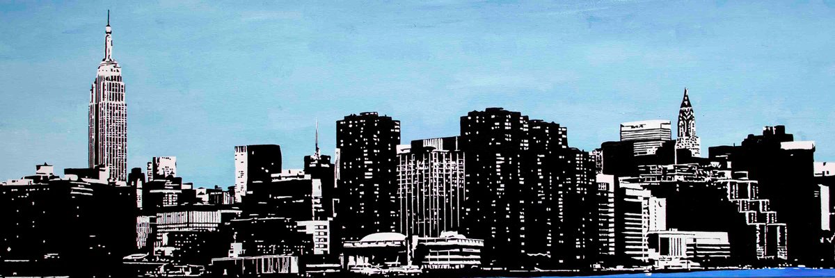 Impressionistic Cityscapes Acrylic Painting By Km Arts, 47 X 16", New York Silhouette, Original Artwork