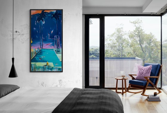 Big vertical painting - "Jump moment" - Pop Art - Palms - Swimming pool - Diptych