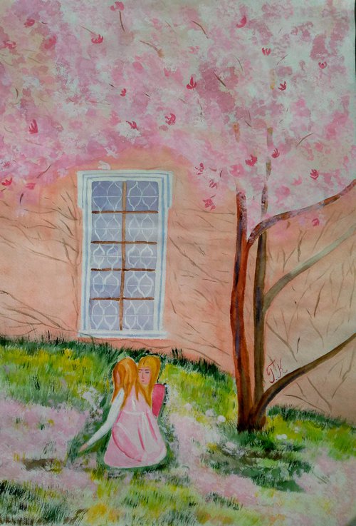 Girls Painting Tree Original Art Blossom Watercolor Flowering Artwork 17 by 24" by Halyna Kirichenko by Halyna Kirichenko