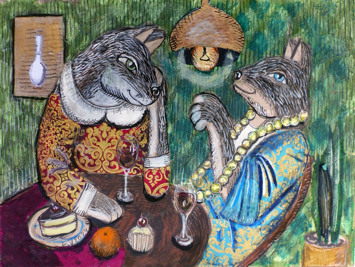 Surrealistic Animal Painting By Elizabeth Vlasova, 12 X 9, Interesting Conversation, Original Artwork