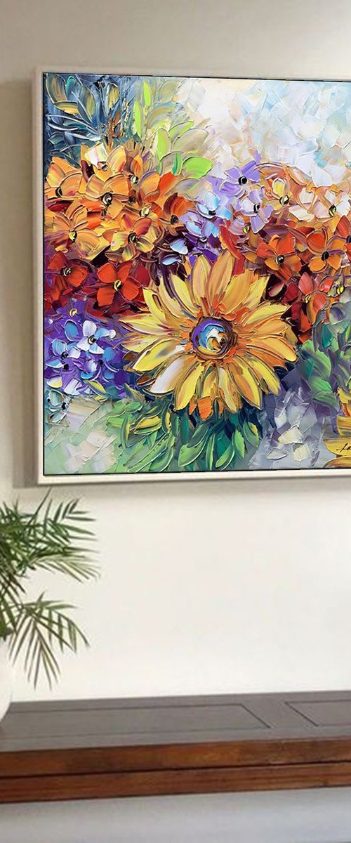 Flowers Oil Painting - Forever Radiant - Original Abstract Heavy Textured Palette Knife by Lana Guise