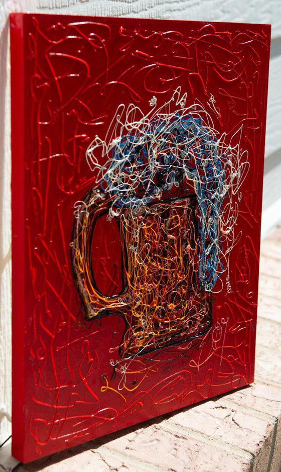 Beer Mug Modern Pollock Effects on a Wooden Panel. -  (11”X 14”X0.5"  -  inspired by Pollock