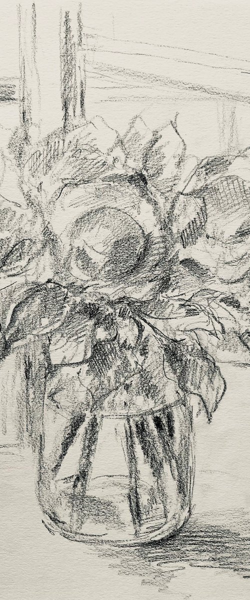 Roses by the window 2020. Original charcoal drawing by Yury Klyan