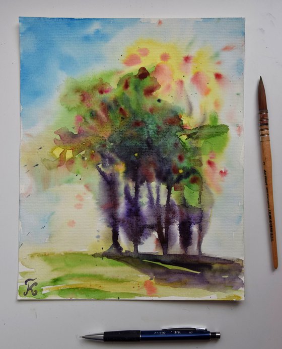 Abstract tree painting, abstract original watercolor art, colorful home decor