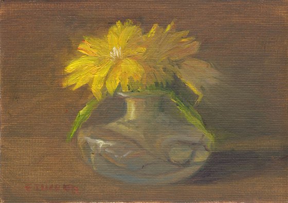 Yellow Zinnias in Antique Ink Bottle