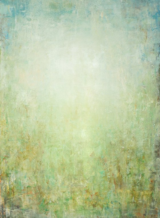 Spring Meadow 220904, green and white abstract color field painting.