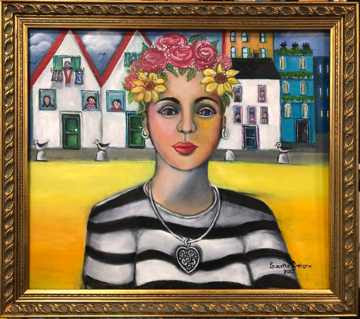 Naive Portrait Oil Painting By Suzette Datema, 27 X 24", The Talk Of The Town, Original Artwork