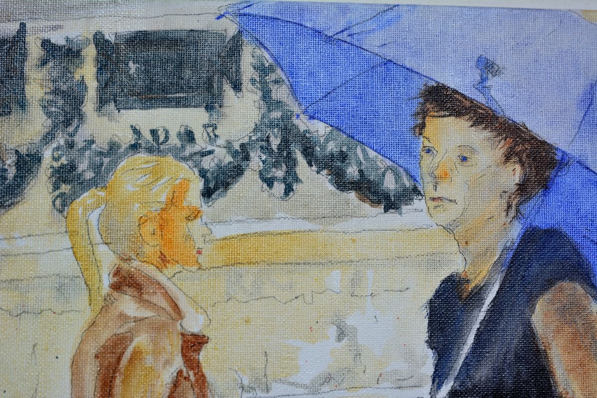 Impressionistic Portrait Watercolour By Nenad Kojic, 16 X 20", Blue Umbrella In Belgrade, Original Artwork