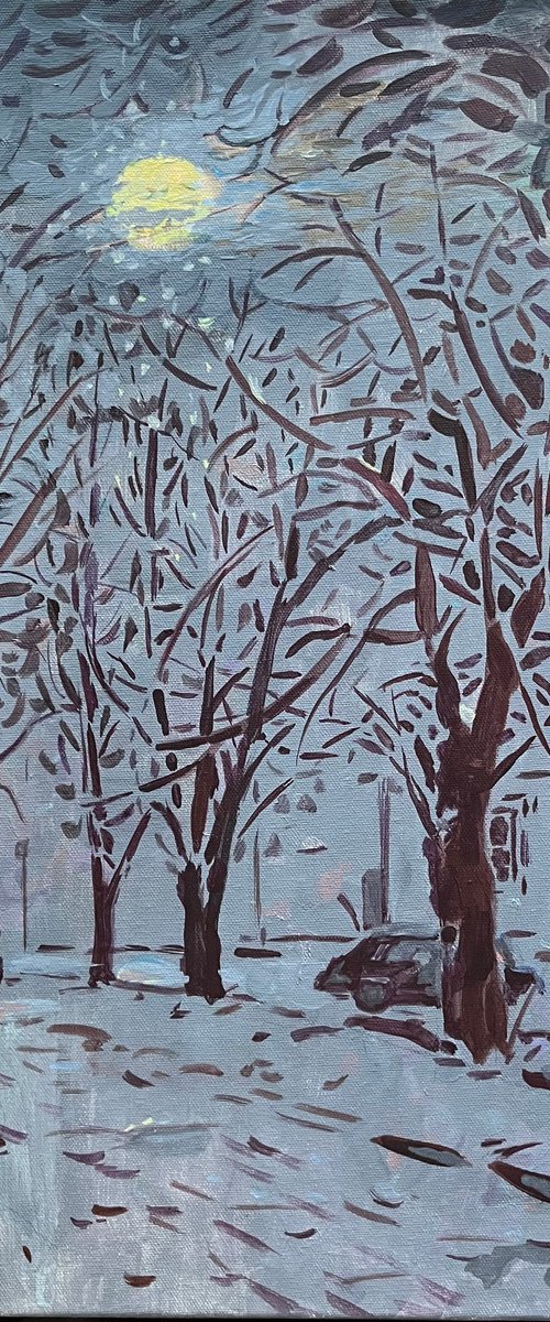 Artwork Moon Winter evening in the city, original acrylic painting from Ukraine by Roman Sergienko