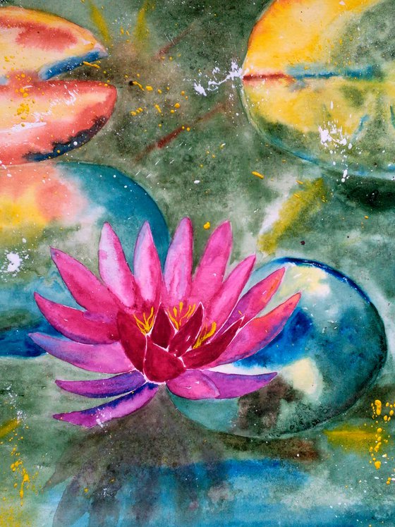 Water Lily Painting Floral Original Art Lotus Watercolor Flowers Artwork Home Wall Art 17 by 12" by Halyna Kirichenko