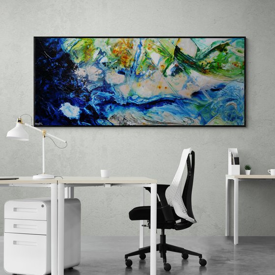 The Natural 240cm x 100cm Green Blue Cream Textured Abstract Art