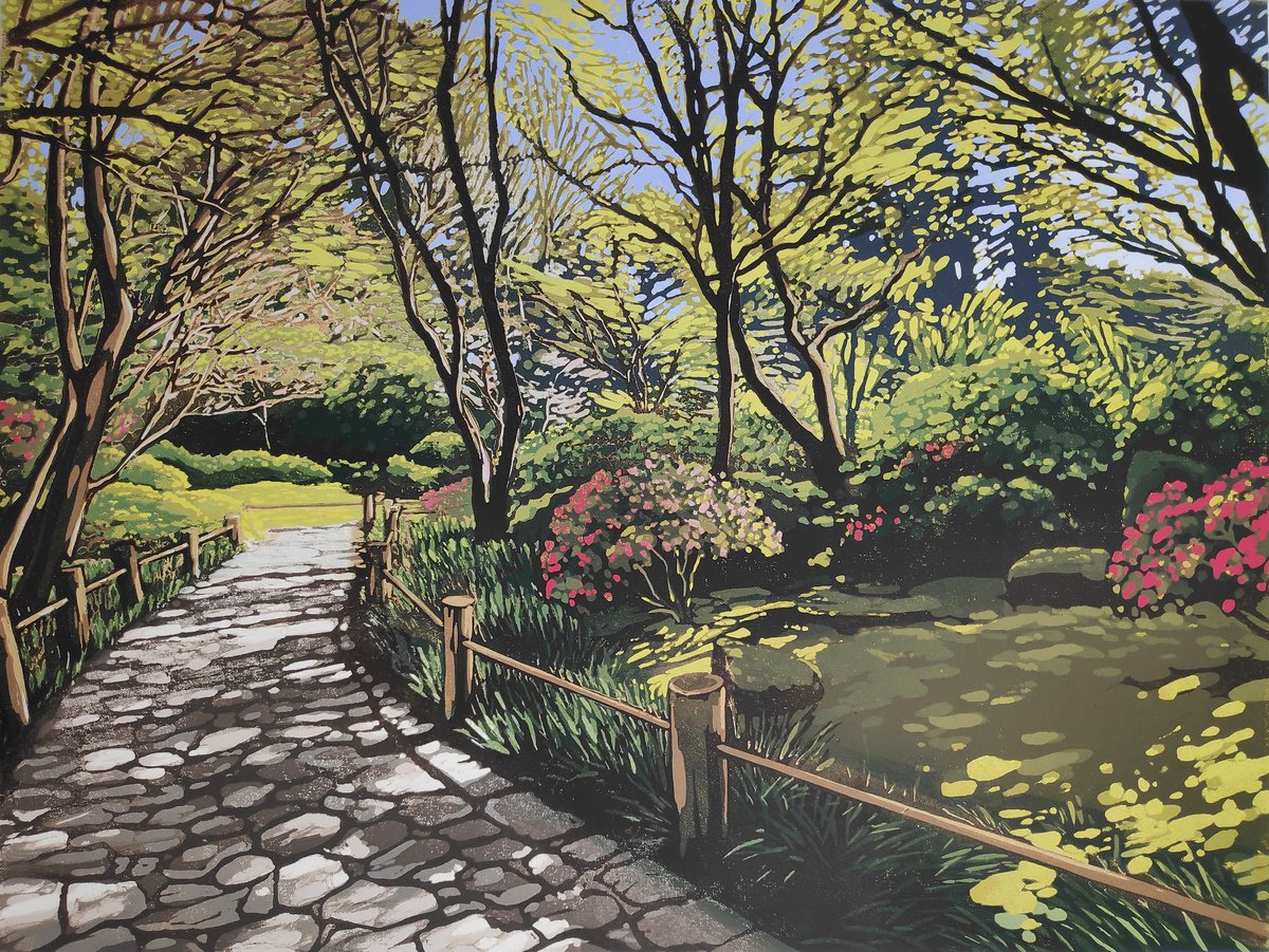 Impressionistic Landscape Linocut By Alexandra Buckle, 18 X 14, Tea Garden Path, Original Artwork
