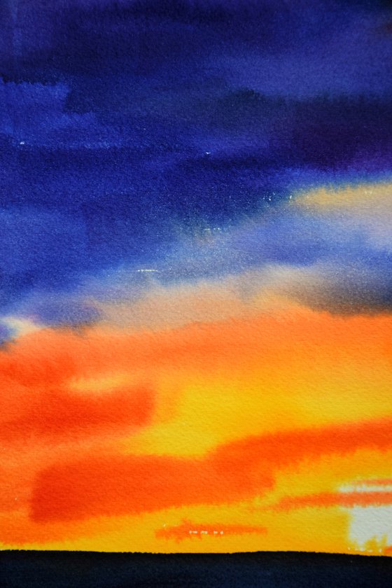 Seascape painting, sunset seaside original watercolor painting, sea ocean wall art