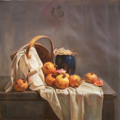 Still life:Pomegranates on the table t198 by Kunlong Wang