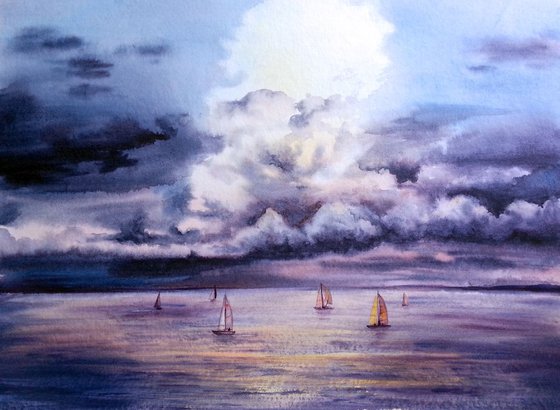 Seascape - Sail boats - Sea Sunset - Storm Clouds