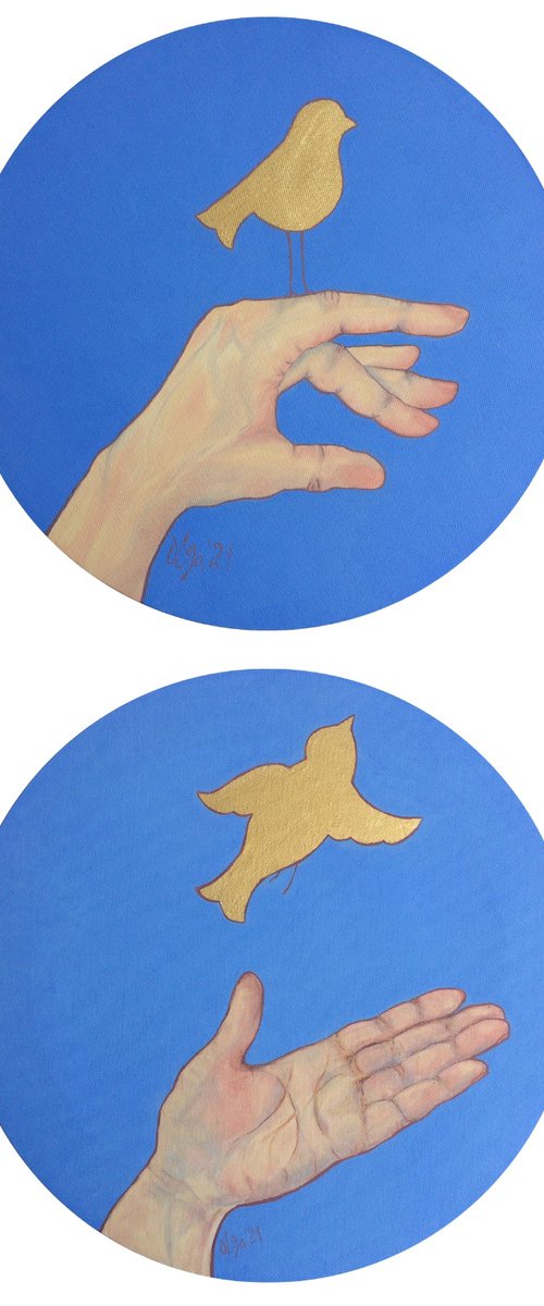 Golden rules of Life. I accept and I release - Diptych round mixed media paintings by Olga Ivanova