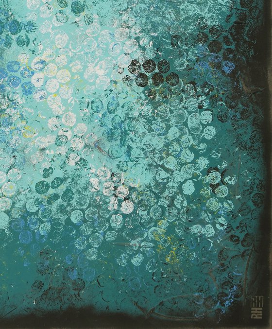 Blue Black Bubbles - Vertical Canvas 90x110 cm - Abstract Painting by Ronald Hunter - 27J