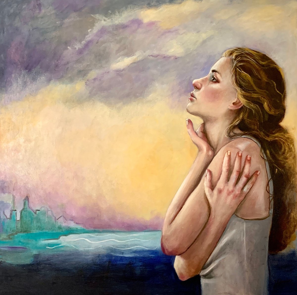 Expressive Landscape Oil Painting By Maria Romano, 24 X 24", At The Edge Of The Soul, Original Artwork