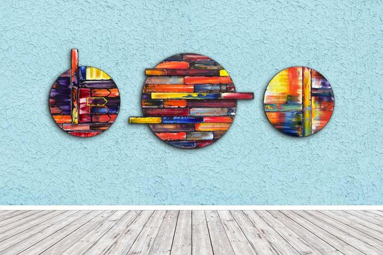 "Can We Tag Along?" - Save As A Series - Original PMS Sculptural Oil Painting Assemblage Triptych On Circular Wooden Panels - 68 x 25 inches