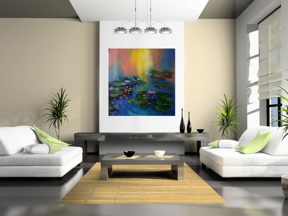 " Water Lilies " - 80 x 80cm Original Oil Painting