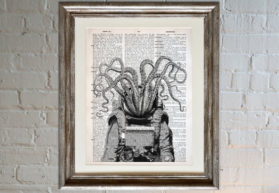 Octopus Astronaut - Collage Art Print on Large Real English Dictionary Vintage Book Page