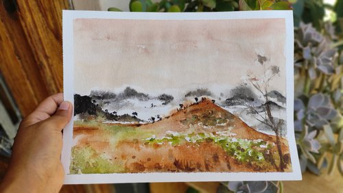 Sapa Vietnam Foggy Countryside Landscape Painting with mountains Original Watercolor Painting by Dawna Mae Mangeart