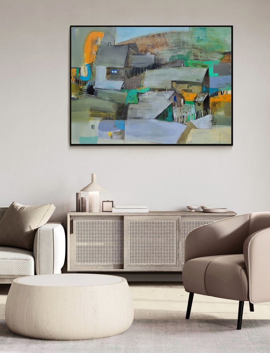 Expressive Cityscapes Oil Painting By Victoria Cozmolici, 35 X 28", Roofs, Original Artwork