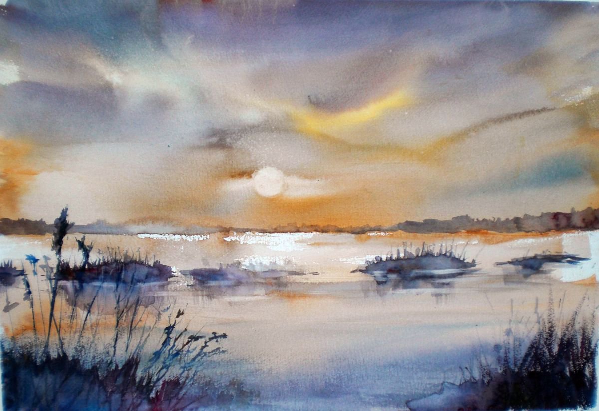 Expressive Landscape Watercolour By Giorgio Gosti, 19 X 13, Comacchio Marshes, Original Artwork